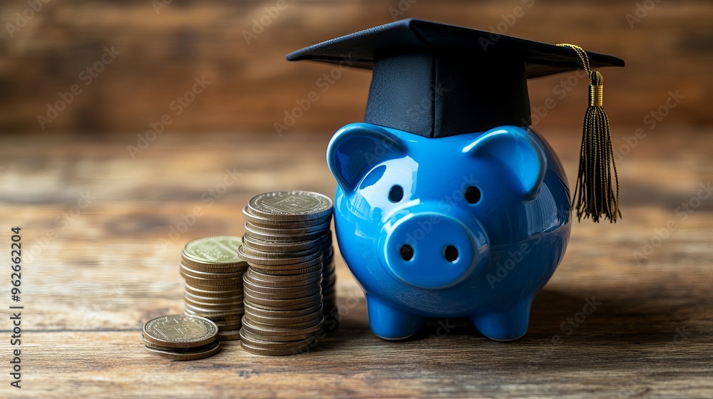 Poster a blue piggy bank with a graduation hat placed next to a stack of coins on a wooden background repre