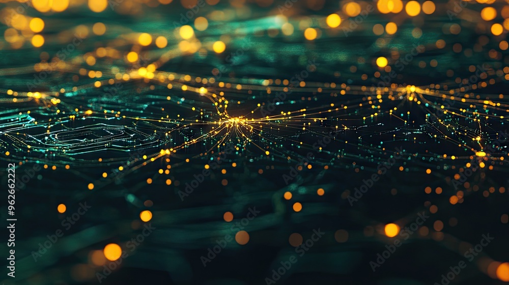 Aufkleber high-tech energy system visualized as a digital grid with glowing, advanced energy nodes linking in 