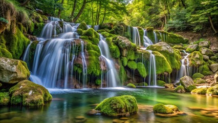 Obraz premium A serene waterfall cascades into a tranquil pool.