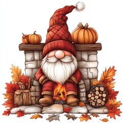 A gnome sitting by a cozy fireplace on Thanksgiving clipart, warm and inviting, fall decor, digital illustration, isolated on white background