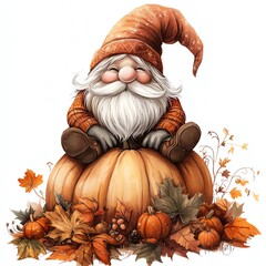 A gnome sitting on a pumpkin with Thanksgiving decorations clipart, cozy autumn vibes, digital painting, isolated on white background