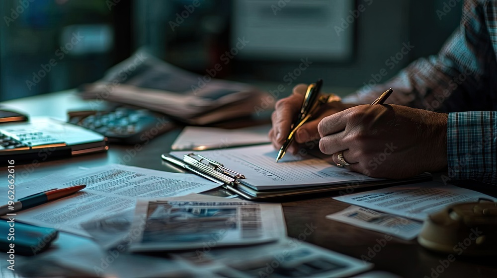 Poster a person writing on a clipboard surrounded by documents and a calculator on a desk.