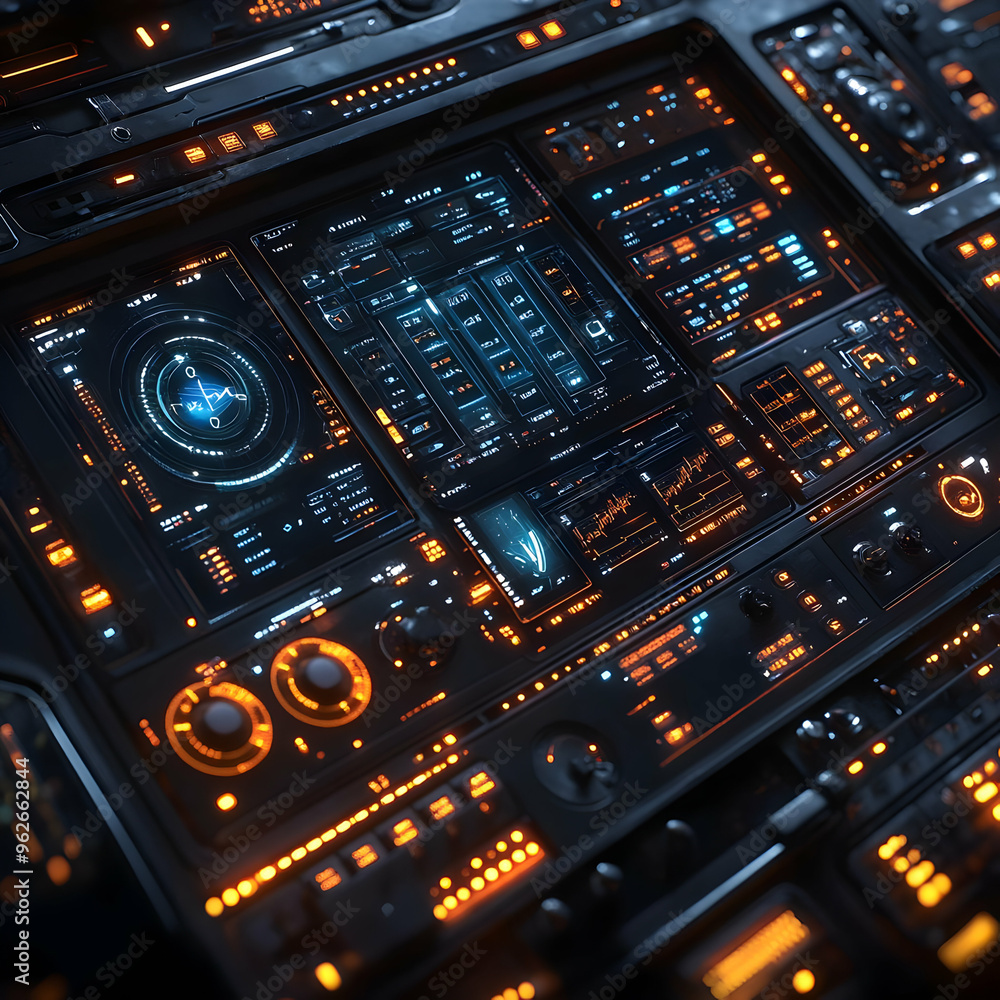 Wall mural futuristic spaceship control panel with glowing buttons and screens 3d illustration
