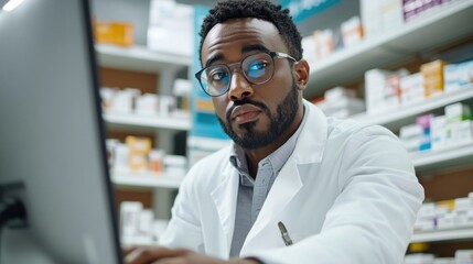 Obraz premium A pharmacist working at a computer in a pharmacy filled with medication.