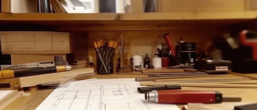 An architect's cluttered workstation featuring various tools, blueprints, and drafting instruments, highlighting a creative and detailed design process.