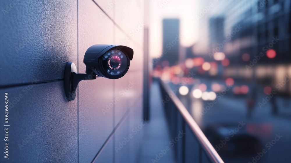 Aufkleber a security camera mounted on a building captures the surrounding cityscape in soft evening light. th