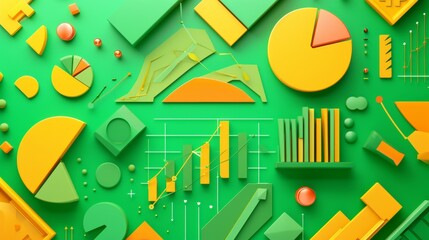 Colorful 3D infographic elements arranged on a vibrant green background. Various charts and graphs in orange and yellow hues illustrate data visually. Perfect for presentations and reports.