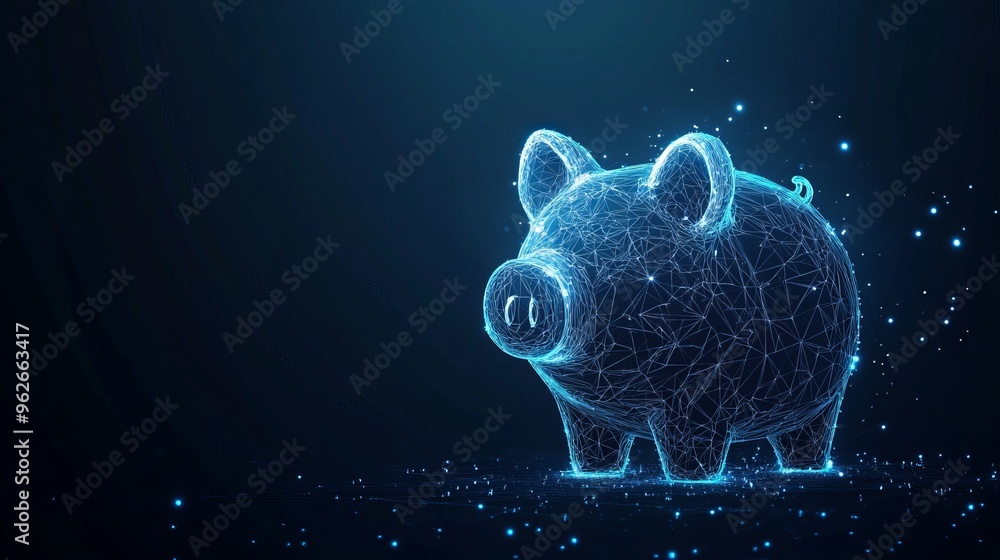 Poster abstract lowpoly wireframe piggy bank on a dark blue background symbolizing the concept of saving mo