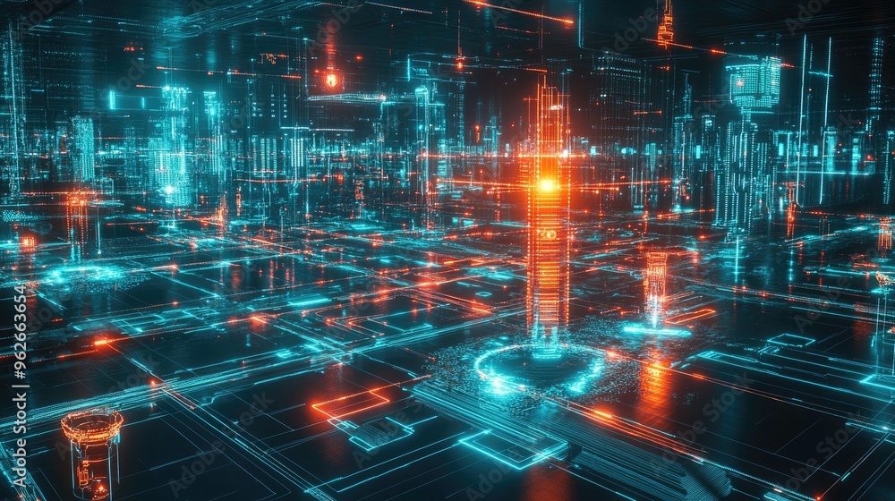 Poster visual representation of a futuristic energy system with glowing energy lines connecting various tec