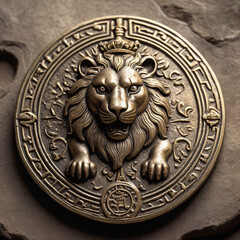 A gold coin featuring the image of a lion's head as currency in a bygone era of a kingdom.