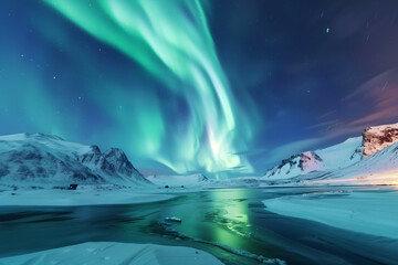 A Stunning Panorama of the Northern Lights Featuring Vivid Swirls of Green Dancing Over Snowy Mountains and a Frozen River in a Pristine Arctic Landscape