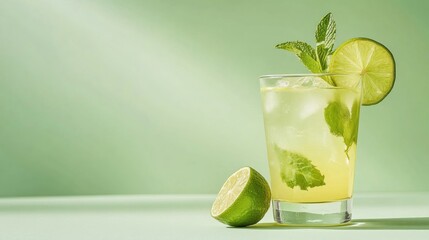 A refreshing cocktail with lime, mint, and ice, set against a soft green background.