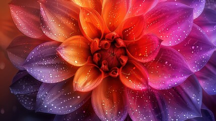 A vibrant flower with droplets, showcasing intricate petals in a gradient of colors.