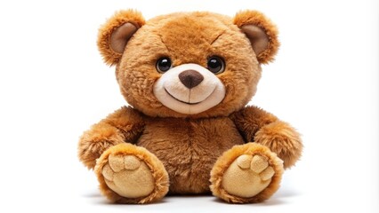 Adorable plush teddy bear with bright, shiny eyes and a wide, endearing smile, sitting upright with paws clasped together in joyful anticipation.