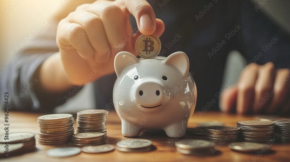 Poster Closeup of a mans hand putting a coin into a piggy bank symbolizing the concept of saving and depositing money