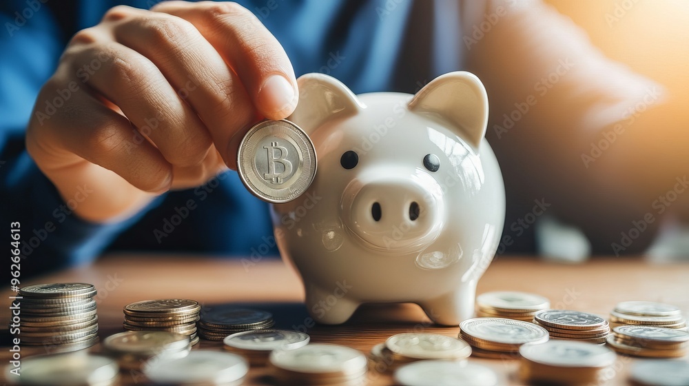 Aufkleber Closeup of a mans hand putting a coin into a piggy bank symbolizing the concept of saving and depositing money