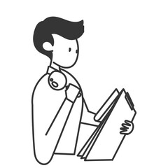 business man reading clipboard document and holding magnifying glass in doodle style