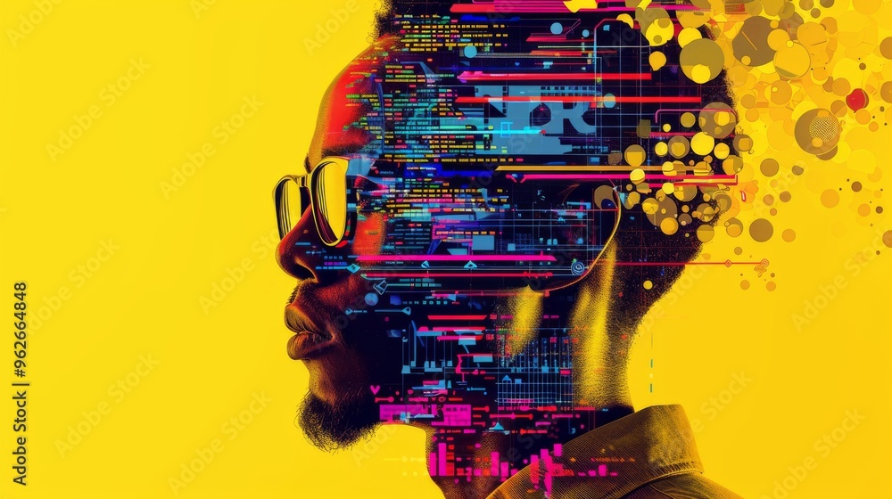 Poster a captivating digital portrait of a man in glasses, featuring abstract digital effects. the yellow b