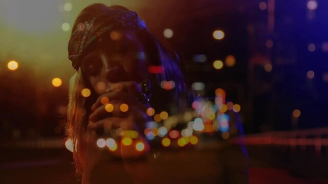 City lights animation over person singing into microphone at night