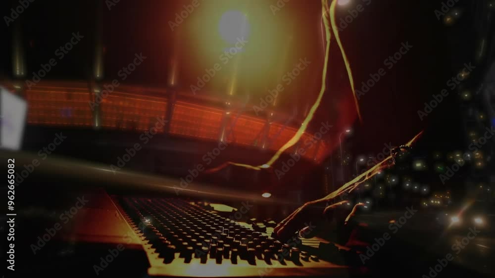 Poster hands typing on keyboard with digital data processing animation over dark background