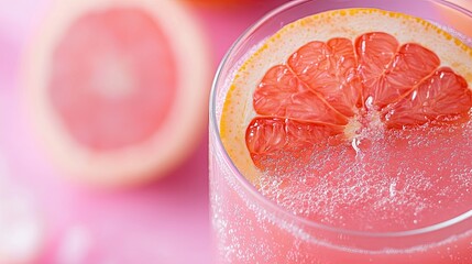 Fototapeta premium A refreshing pink drink garnished with a grapefruit slice and bubbles.