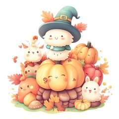 A kawaii Thanksgiving banner clipart, cute characters and pastel colors, playful typography, digital illustration, isolated on white background