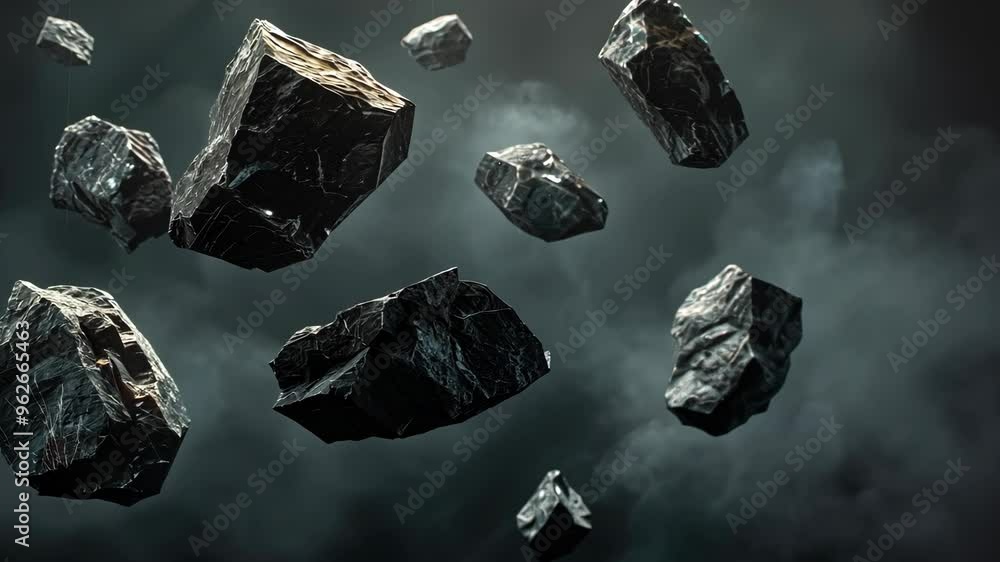 Poster floating black rocks in dark space with mist creating an ethereal atmosphere of mystery and wonder