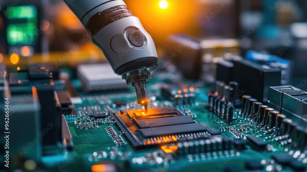 Aufkleber a robotic arm interacts with a circuit board, highlighting advanced technology in electronics.