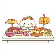 A kawaii Thanksgiving table with smiling food clipart, adorable chibi faces, pastel tones, digital illustration, isolated on white background