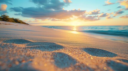 Fototapeta premium Golden Sunset Glimmering on Wet Sand Beach