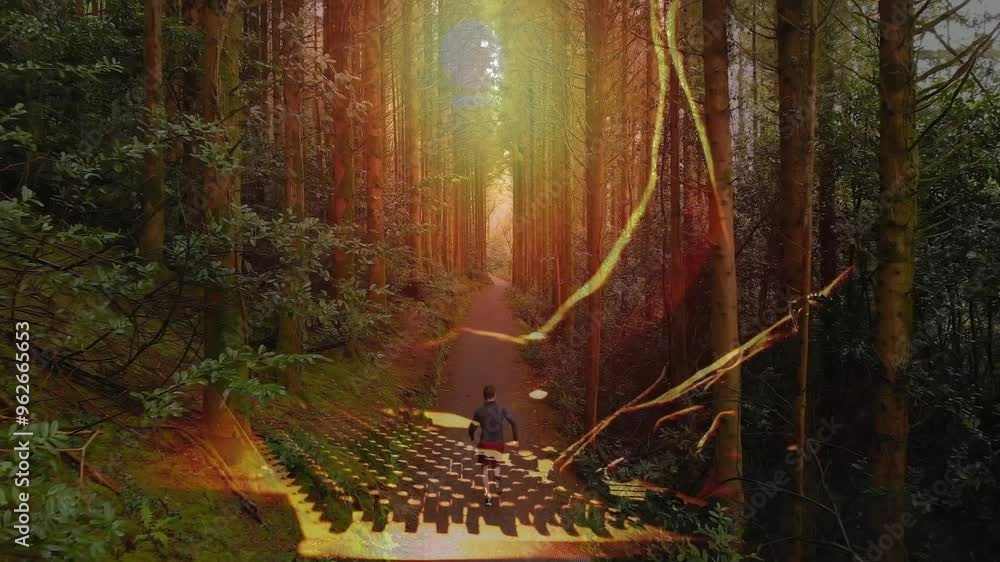 Poster person walking on forest path with abstract light patterns animation over trees
