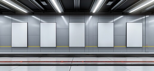 Five blank billboards on a subway station wall. Ideal for mockup and advertising.
