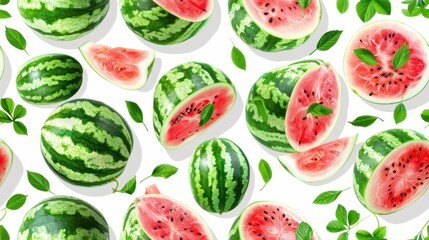 Watercolor-style seamless pattern of watermelon slices with colorful splashes on a white background. Perfect for artistic, fresh, and playful designs.