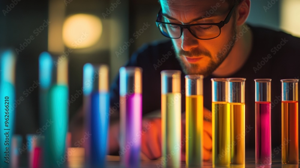 Poster a scientist examines colorful test tubes filled with liquids in a laboratory setting.