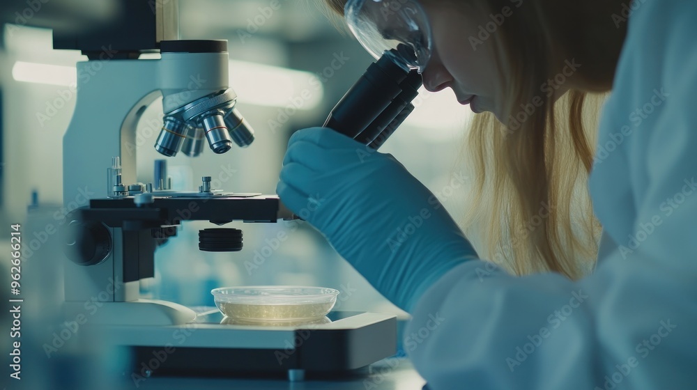 Aufkleber a scientist examines samples under a microscope in a laboratory setting.