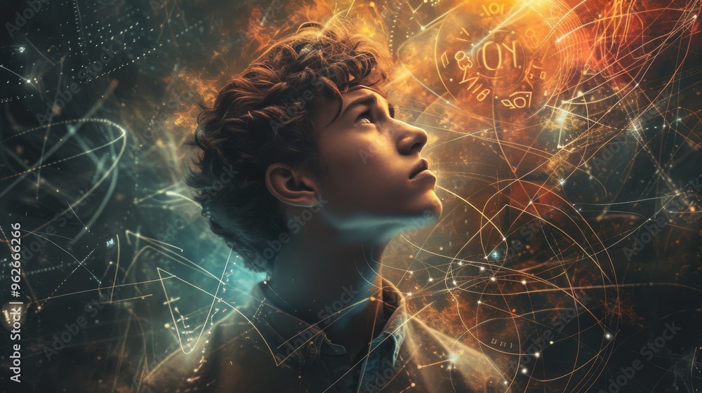 Poster a young man gazes upward, surrounded by a complex array of glowing mathematical formulas and abstrac