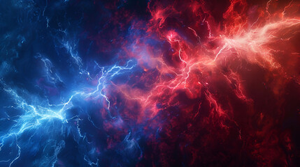  a dramatic clash between two opposing forces, represented by vibrant red and blue lightning-like energy fields The interplay of the glowing streaks and the contrasting colors 