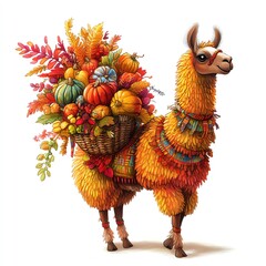A llama carrying a Thanksgiving cornucopia clipart, whimsical and festive, vibrant autumn hues, digital painting, isolated on white background