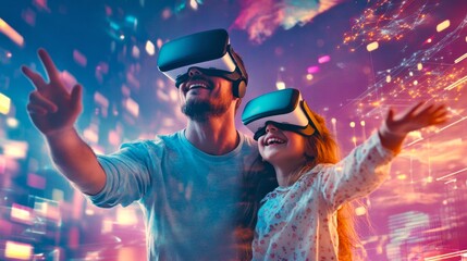 A joyful father and daughter wearing virtual reality headsets share an exciting gaming experience. The vibrant colors and futuristic background enhance their fun. Ideal for tech and family themes. AI