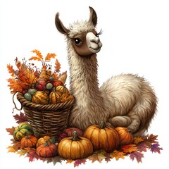 A llama with a Thanksgiving cornucopia clipart, playful and whimsical, warm earthy tones, digital painting, isolated on white background