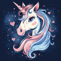 Fototapeta premium Magical Unicorn with Pink and Blue Hair Against a Starry Night