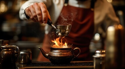 A barista making a traditional Turkish coffee, using a cezve over a small flame, with rich coffee aromas filling the air.
