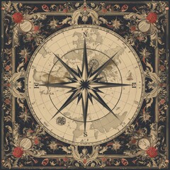 Fototapeta premium Vintage Compass Rose with World Map and Ornate Floral Frame