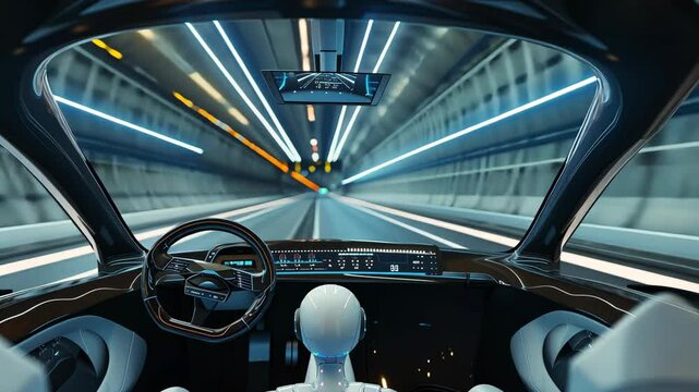 Futuristic driving experience inside a sleek autonomous vehicle navigating a glowing tunnel at high speed