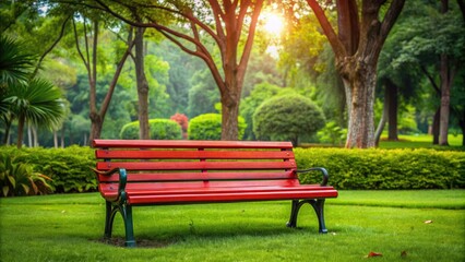 Red wooden bench in a lush green park setting, bench, park, chair, grass, wood, seat, garden, wooden, outdoor, relaxation