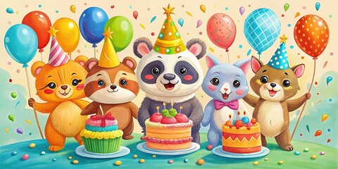 Obraz premium Vibrant, colorful birthday cards featuring adorable animals, balloons, and cakes, showcasing playful designs and whimsical illustrations perfect for celebrating special occasions and milestones.