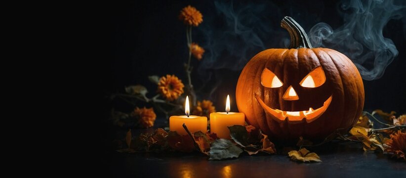 Une citrouille d'halloween avec un sourire mal&eacute;fique dans une composition florale avec des bougies et de la fum&eacute;e dans un d&eacute;cor sombe