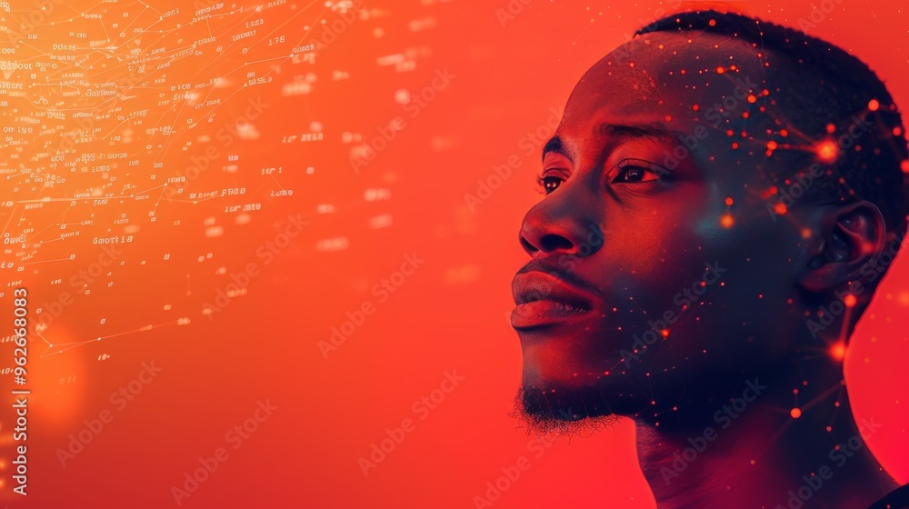 Poster side profile of a man with vibrant red digital elements enveloping his face. the dynamic composition