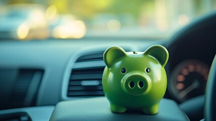 Green piggy bank inside a car symbolizing vehicle purchase insurance or motoring costs