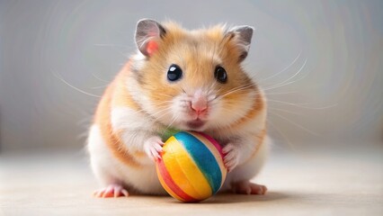 Passionate hamster playing with a colorful ball, cute, adorable, tiny, furry, energetic, playful, small, pet, rodent